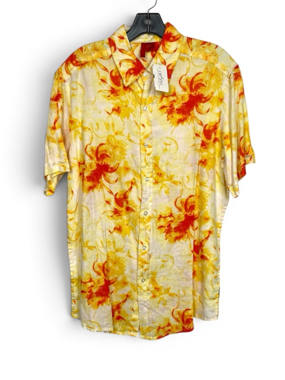NEW Men's Yellow & Orange Saks Fifth Ave 100% Linen Floral Button-Up Shirt Med